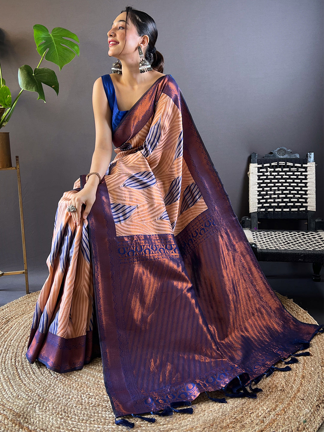 Peach Tussar Silk Abstract Ikkat Print Saree