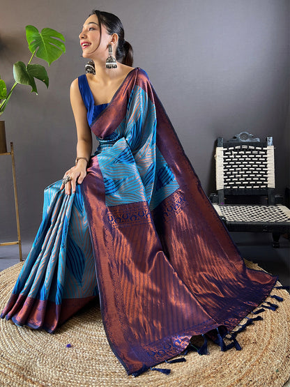 Royal-Blue Tussar Silk Abstract Ikkat Print Saree