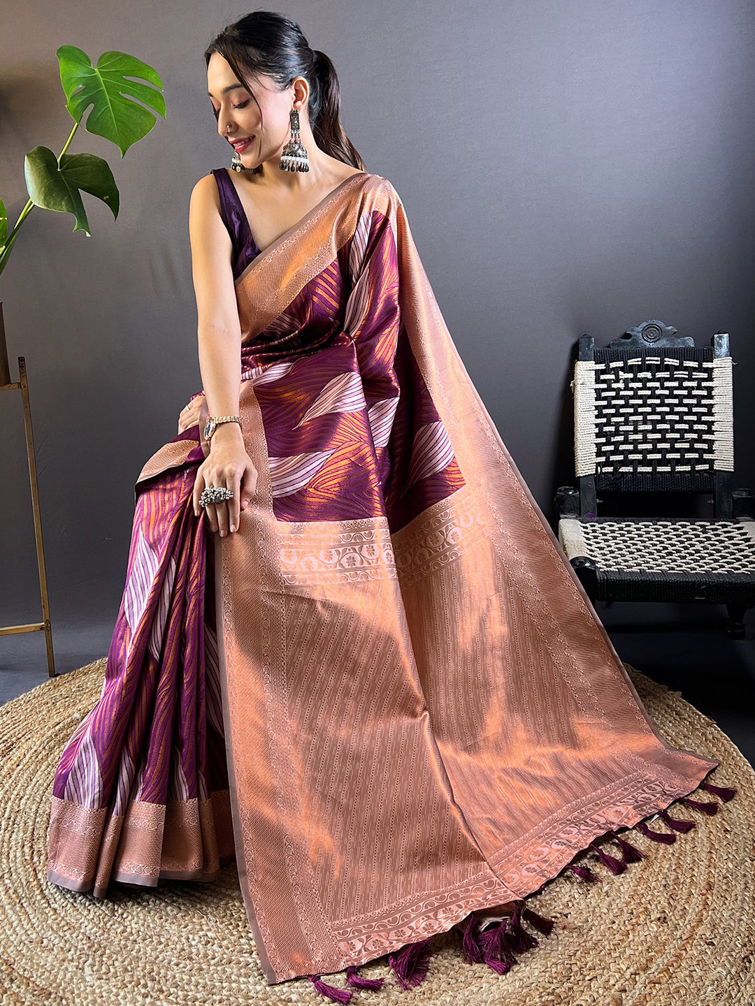 Cheery-Red Tussar Silk Abstract Ikkat Print Saree