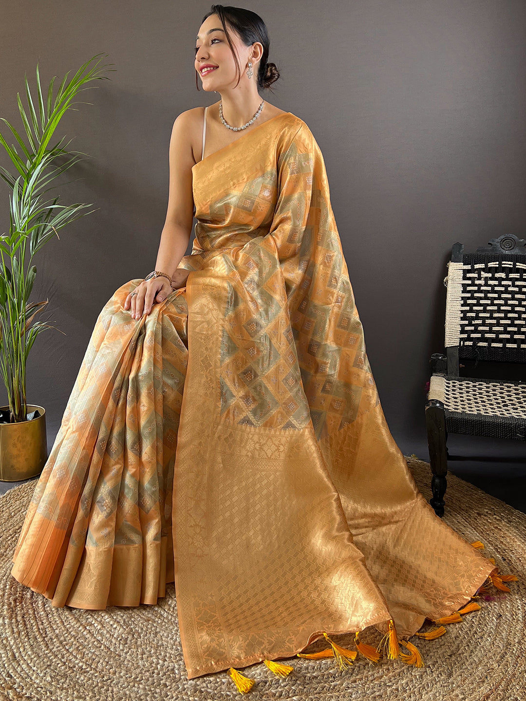 Yellow Block Print Banarasi Katan Silk Saree