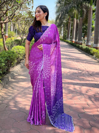 Purple Georgette Silk Saree with Ombre Bandhej & Swarovski Stones