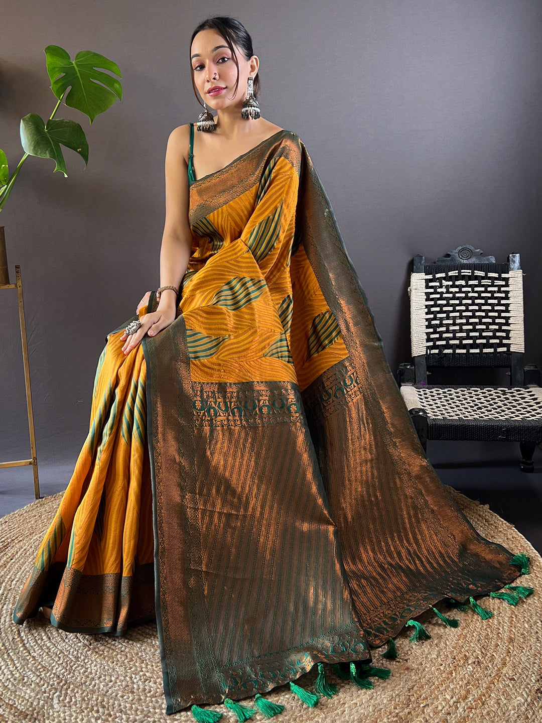 Mustard Tussar Silk Abstract Ikkat Print Saree