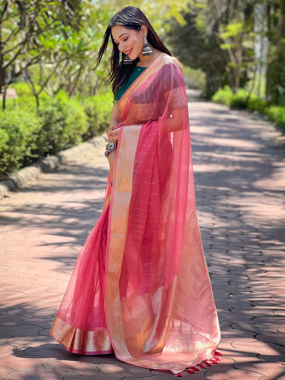 Pink Viscose Organza Saree with Gold Zari Weaving Border