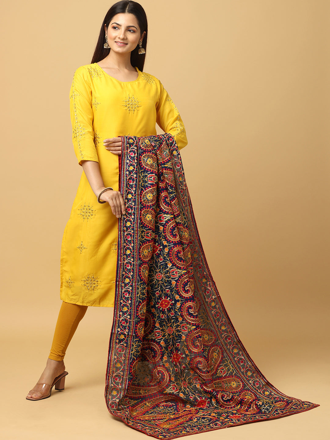 Navy Blue Kashmiri Threadwork Designer Duppata