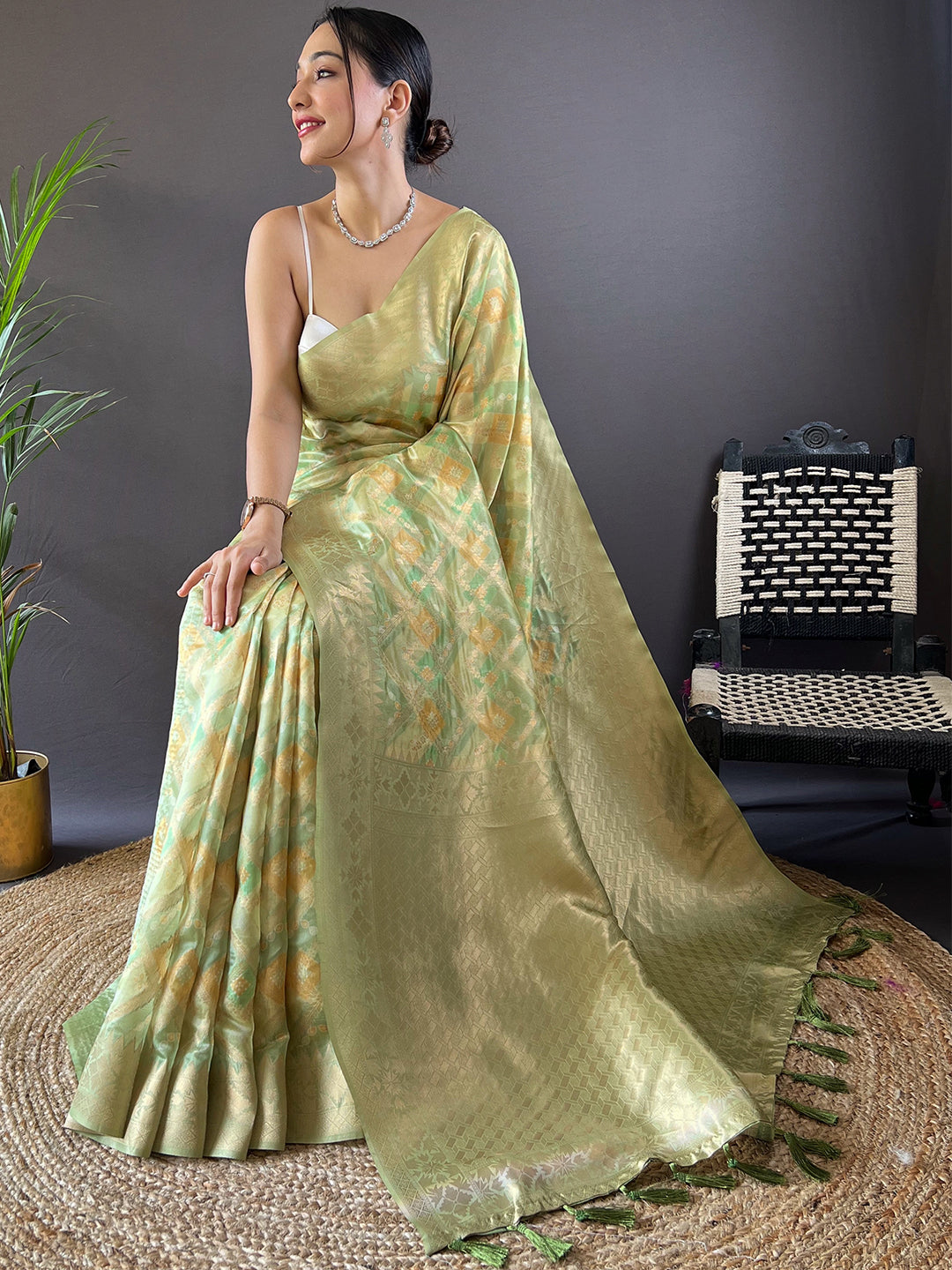 Green Block Print Banarasi Katan Silk Saree