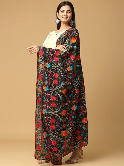 Black Poly Chiffon Pashmina Dupatta with Intricate Thread work