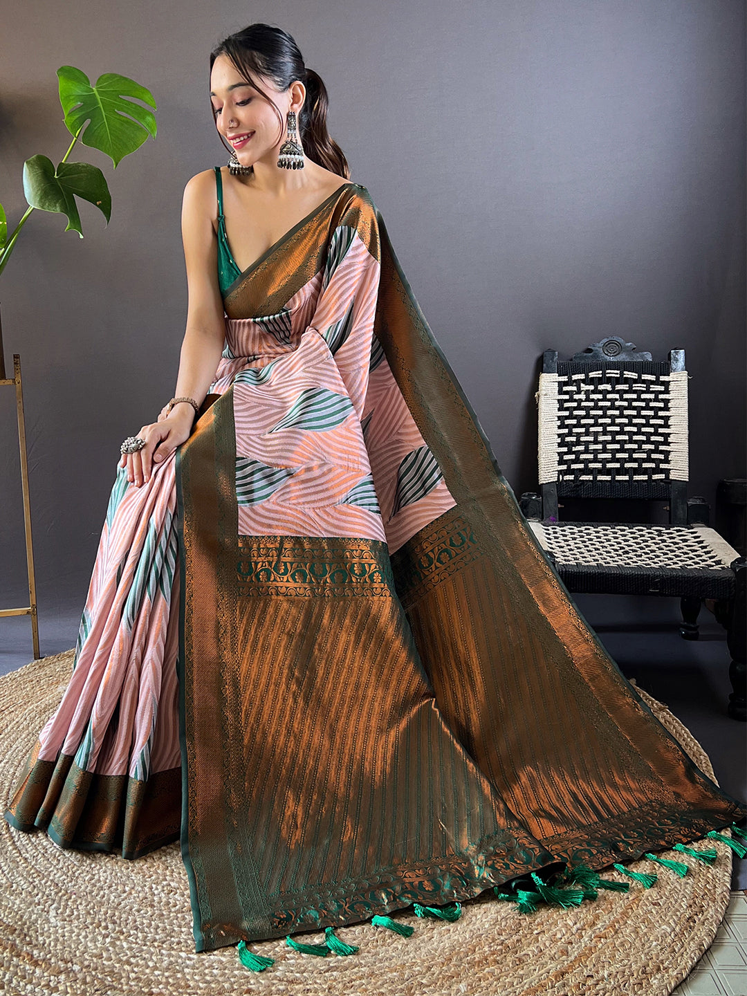 Baby-Pink Tussar Silk Abstract Ikkat Print Saree