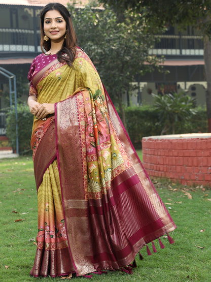 Luxe Light-Green Viscose Dola Silk Saree with Pichwai Kalamkari Print