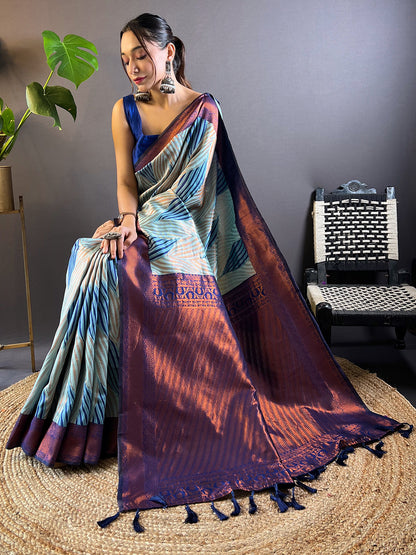 Sky-blue Tussar Silk Abstract Ikkat Print Saree