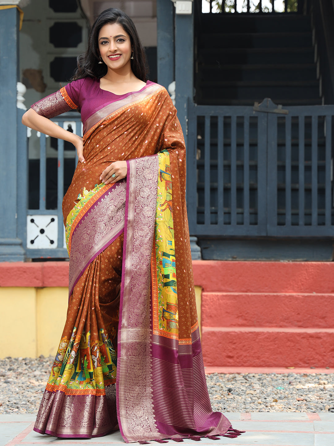 Elegant Brown Pure Viscose Dola Silk Saree with Exquisite Bandhej Print