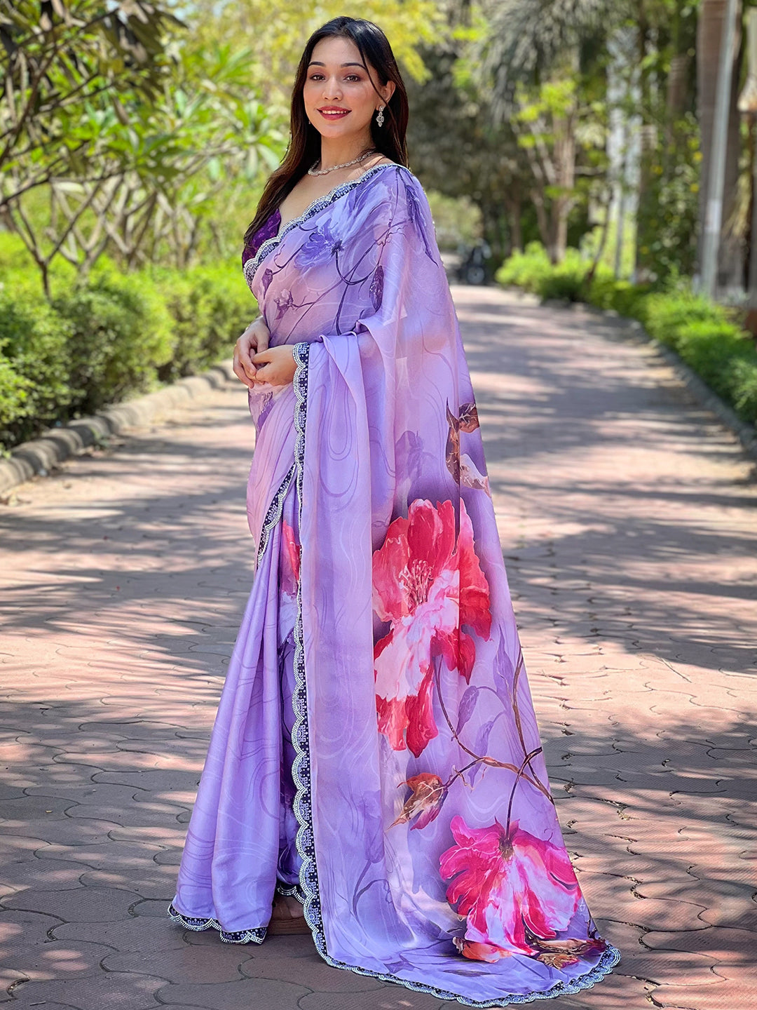 Elegant Purple Satin Georgette Saree with Floral Print