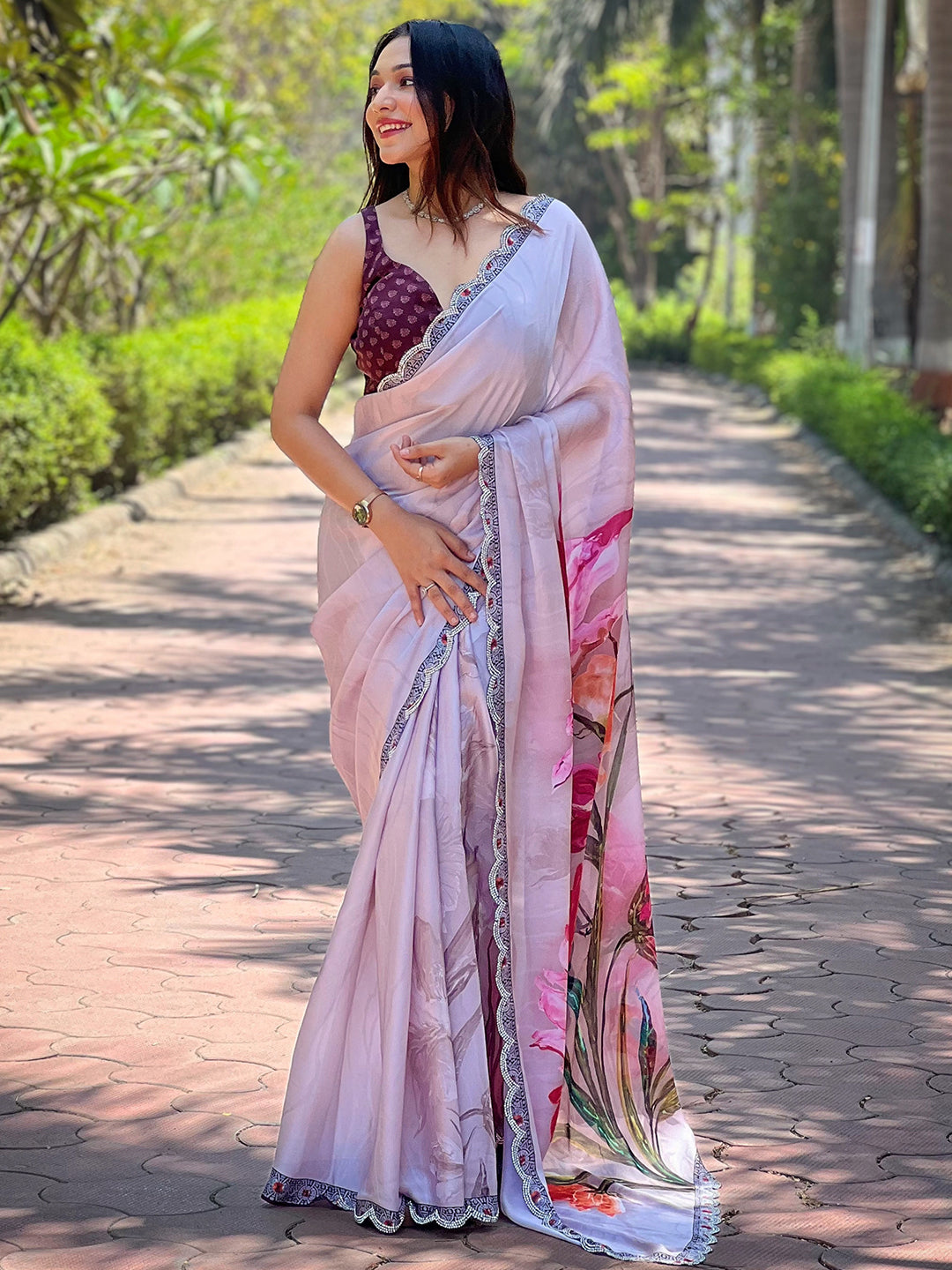 Elegant Grey Satin Georgette Saree with Floral Print