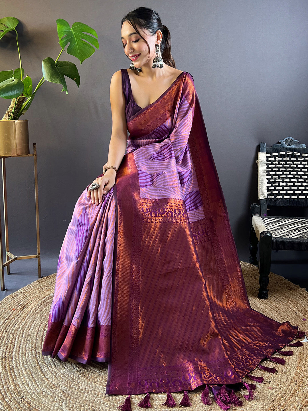 Purple Tussar Silk Abstract Ikkat Print Saree