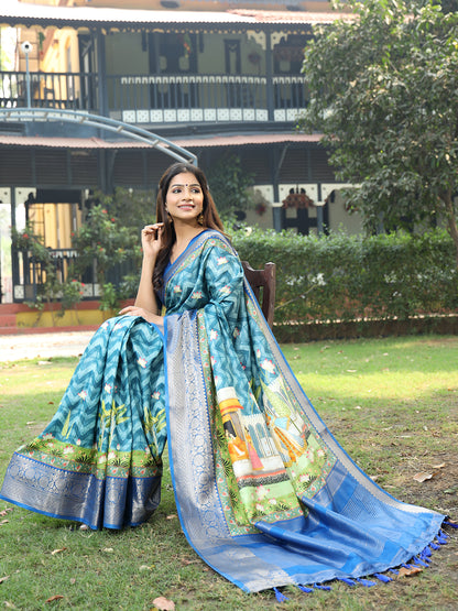 Luxe Blue Viscose Dola Silk Saree with Pichwai Kalamkari Print