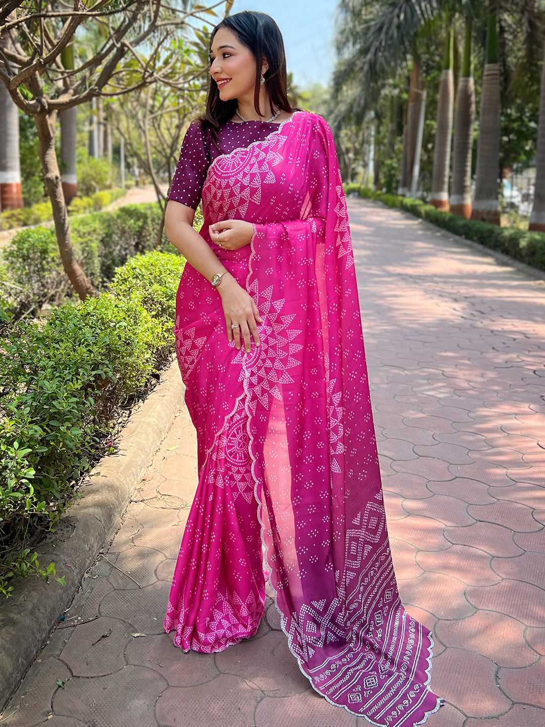 Rani-Pink Georgette Silk Saree with Ombre Bandhej & Swarovski Stones