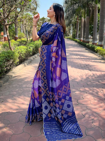 Indigo Georgette Silk Saree with Ombre Bandhej & Swarovski Stones