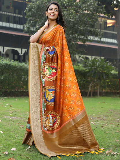 Elegant Orange Pure Viscose Dola Silk Saree with Exquisite Mughal Print Border