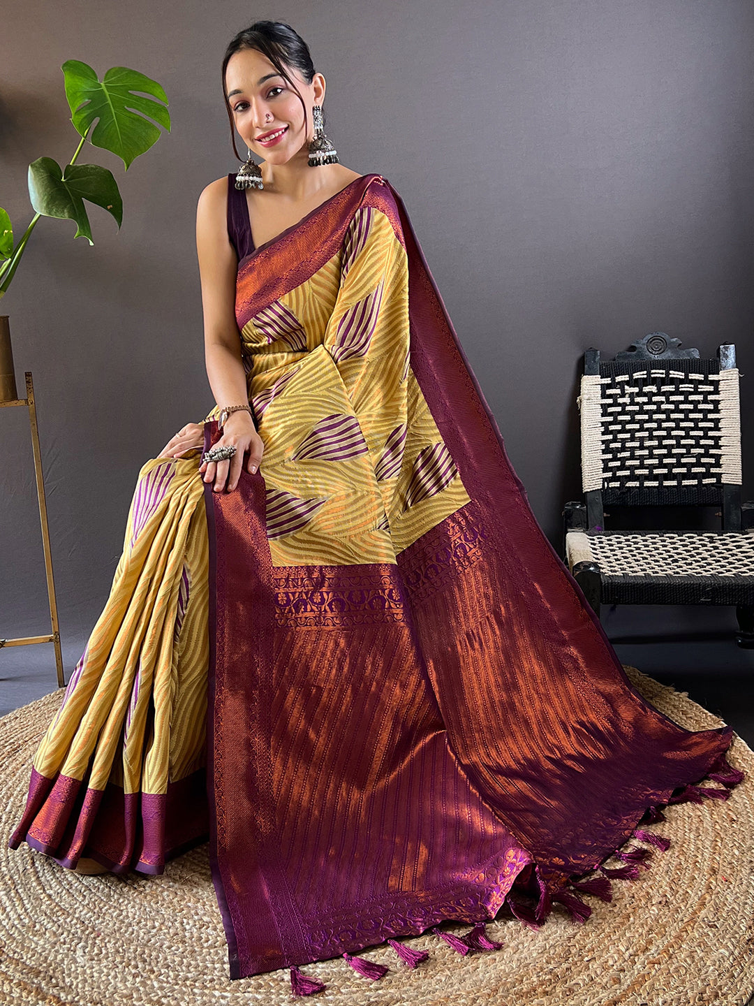 Olive Tussar Silk Abstract Ikkat Print Saree