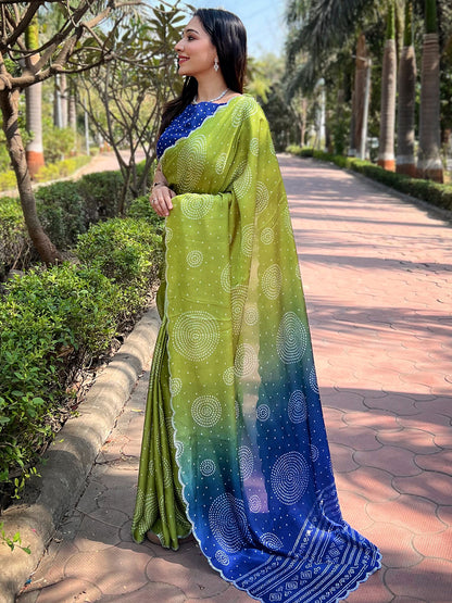 Lime-Green Georgette Silk Saree with Ombre Bandhej & Swarovski Stones