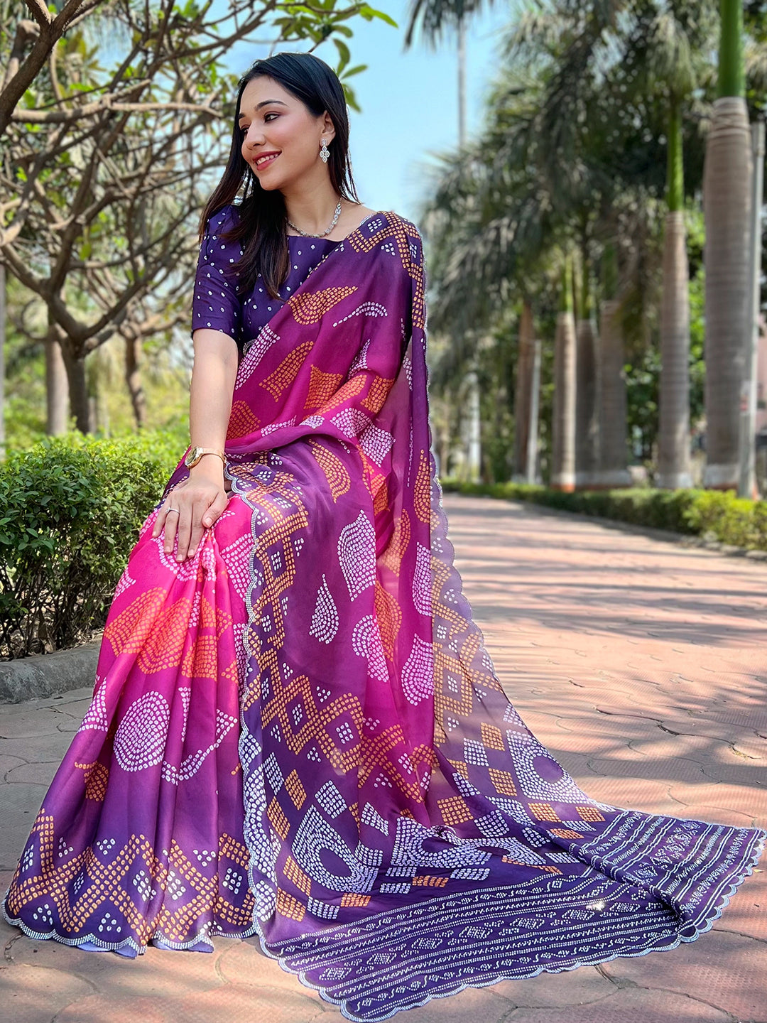 Magenta Georgette Silk Saree with Ombre Bandhej & Swarovski Stones