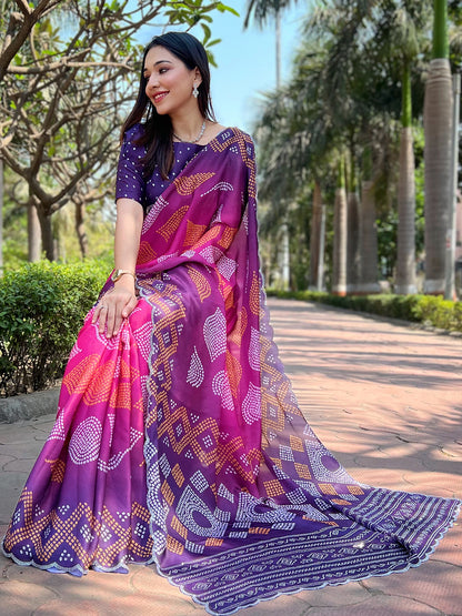 Magenta Georgette Silk Saree with Ombre Bandhej & Swarovski Stones