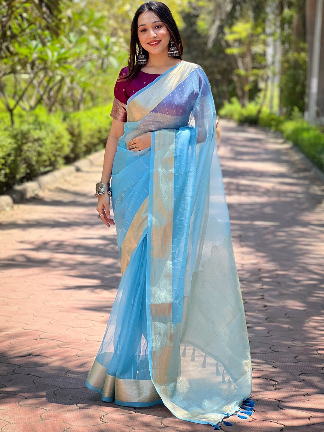 Sky-Blue Viscose Organza Saree with Gold Zari Weaving Border