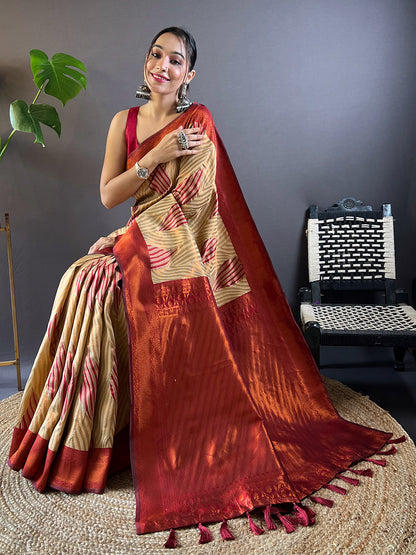 Beige Tussar Silk Abstract Ikkat Print Saree