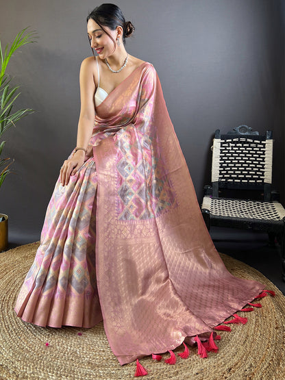 Pink Block Print Banarasi Katan Silk Saree