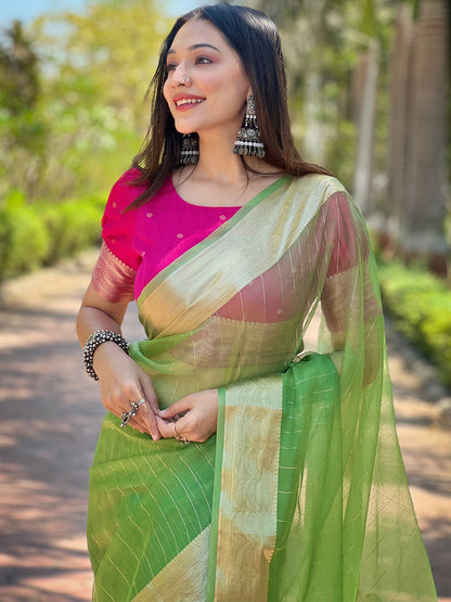 Green Viscose Organza Saree with Gold Zari Weaving Border