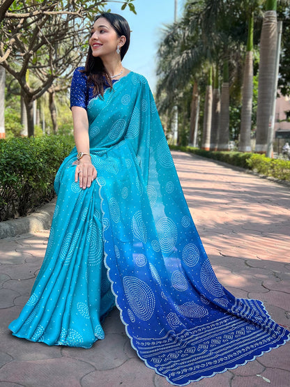 Turquoise Georgette Silk Saree with Ombre Bandhej & Swarovski Stones