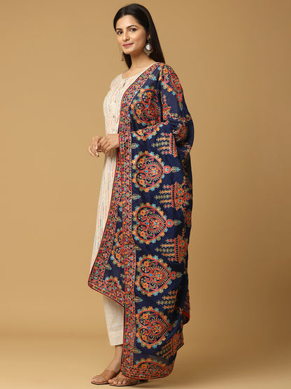 Navy Poly Chiffon Pashmina Dupatta with Intricate Thread work