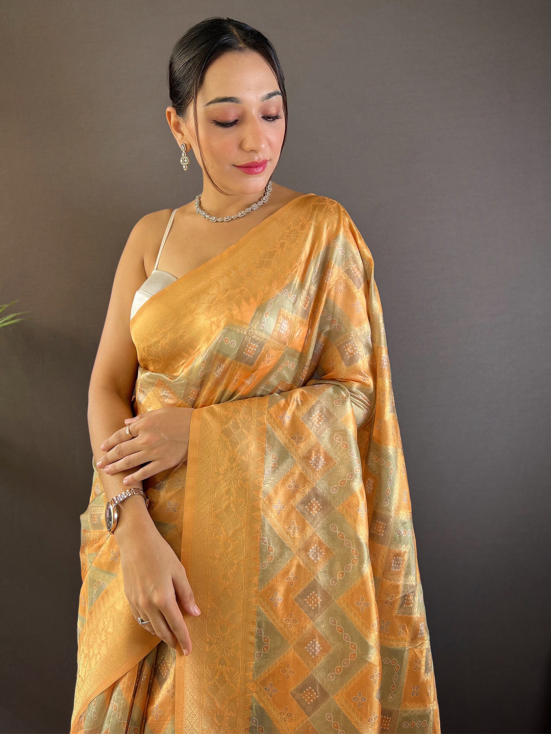 Yellow Block Print Banarasi Katan Silk Saree