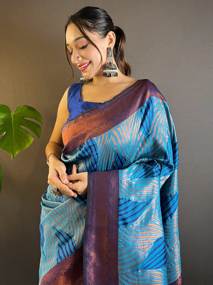 Royal-Blue Tussar Silk Abstract Ikkat Print Saree