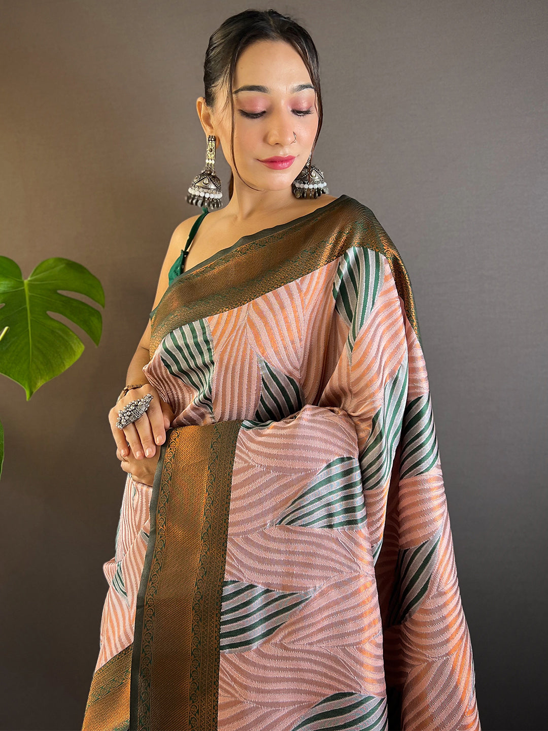 Baby-Pink Tussar Silk Abstract Ikkat Print Saree