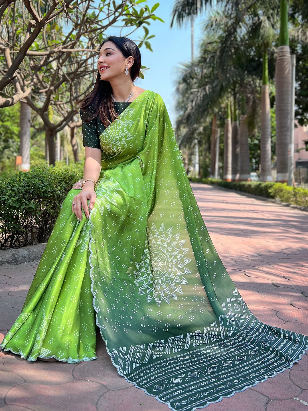 Green Georgette Silk Saree with Ombre Bandhej & Swarovski Stones