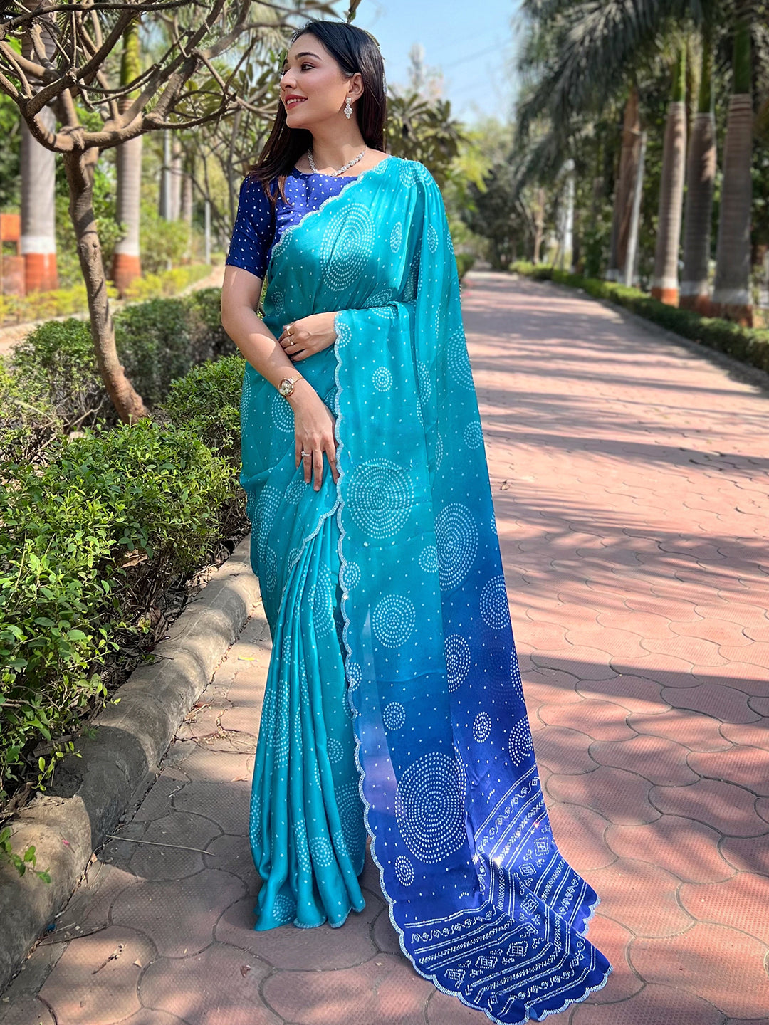 Turquoise Georgette Silk Saree with Ombre Bandhej & Swarovski Stones