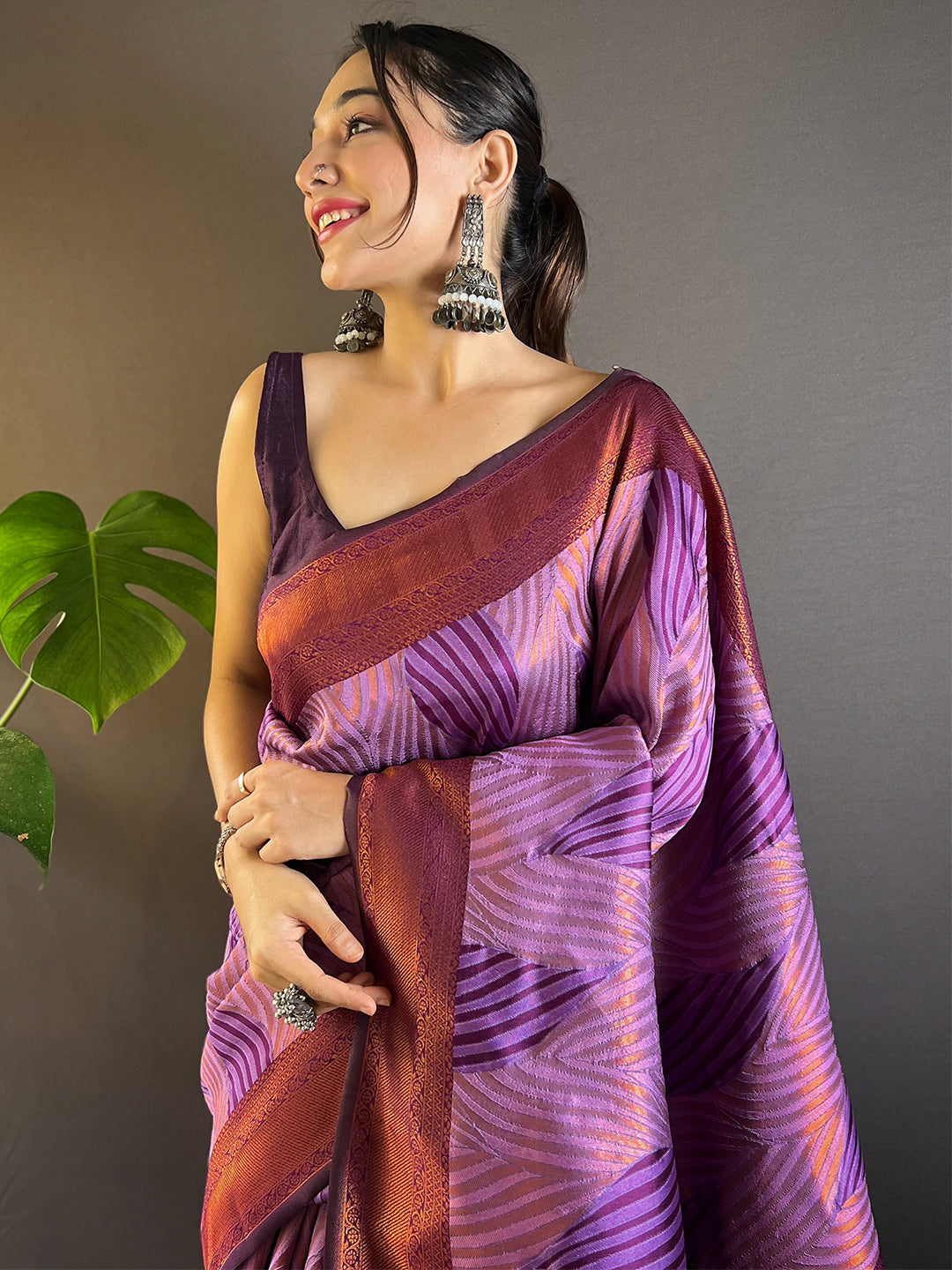 Purple Tussar Silk Abstract Ikkat Print Saree