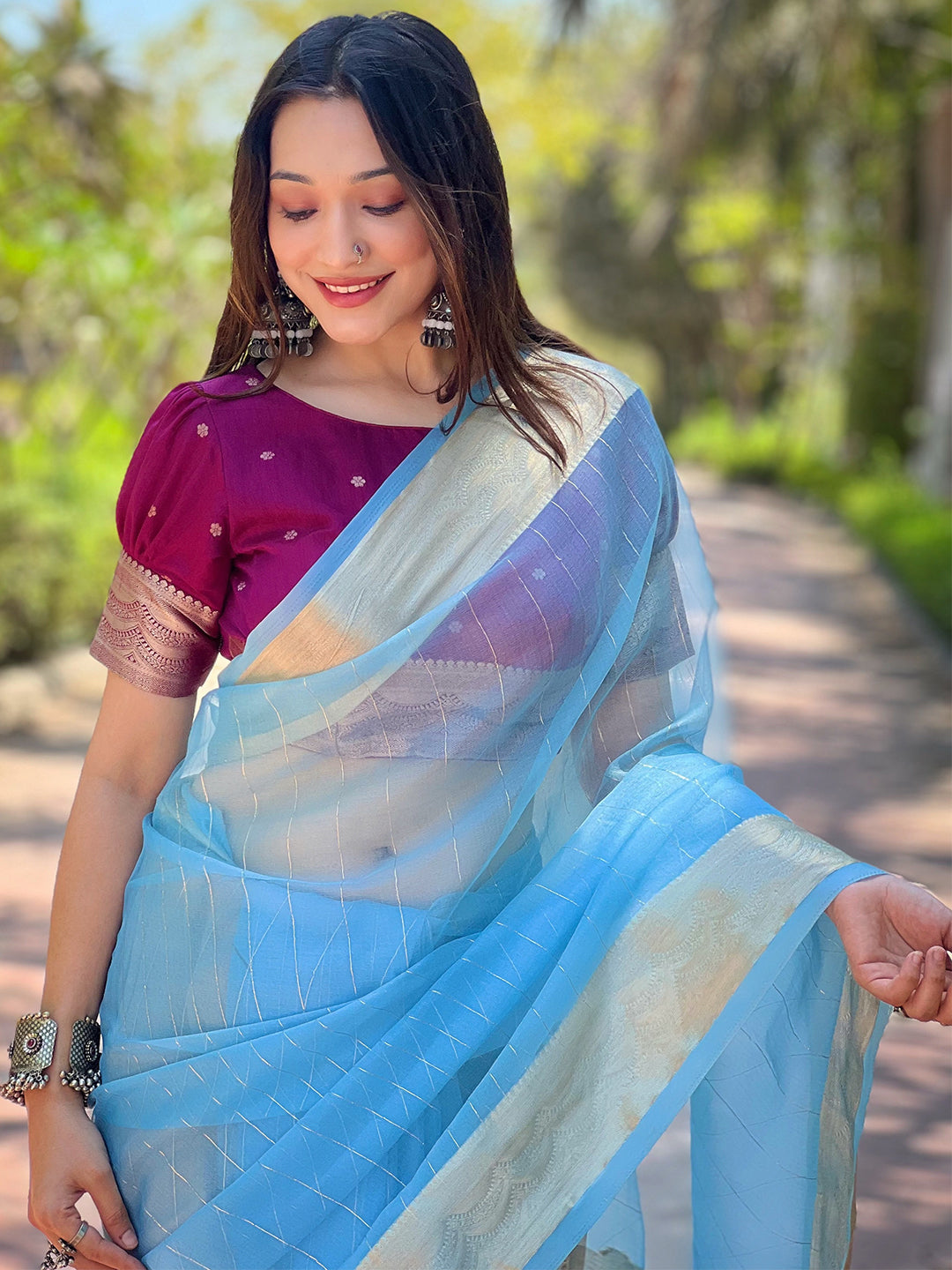 Sky-Blue Viscose Organza Saree with Gold Zari Weaving Border