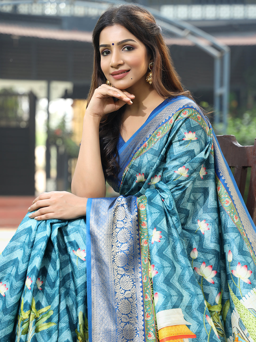 Luxe Blue Viscose Dola Silk Saree with Pichwai Kalamkari Print