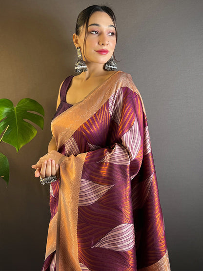 Cheery-Red Tussar Silk Abstract Ikkat Print Saree