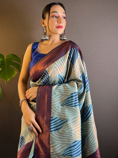 Sky-blue Tussar Silk Abstract Ikkat Print Saree