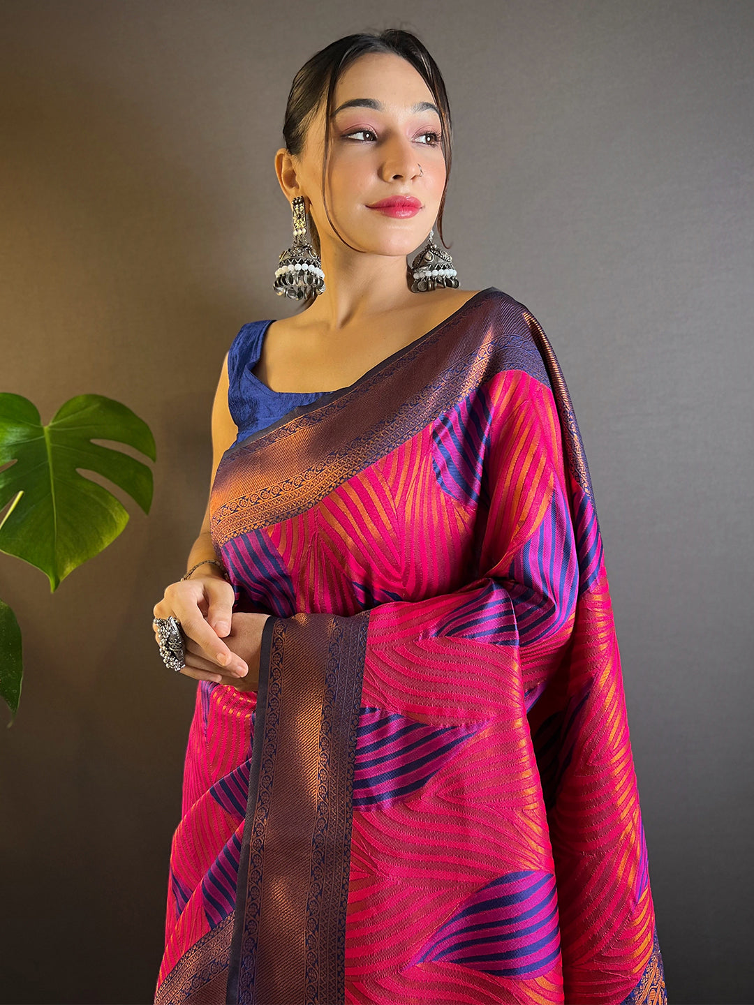 Rani-Pink Tussar Silk Abstract Ikkat Print Saree