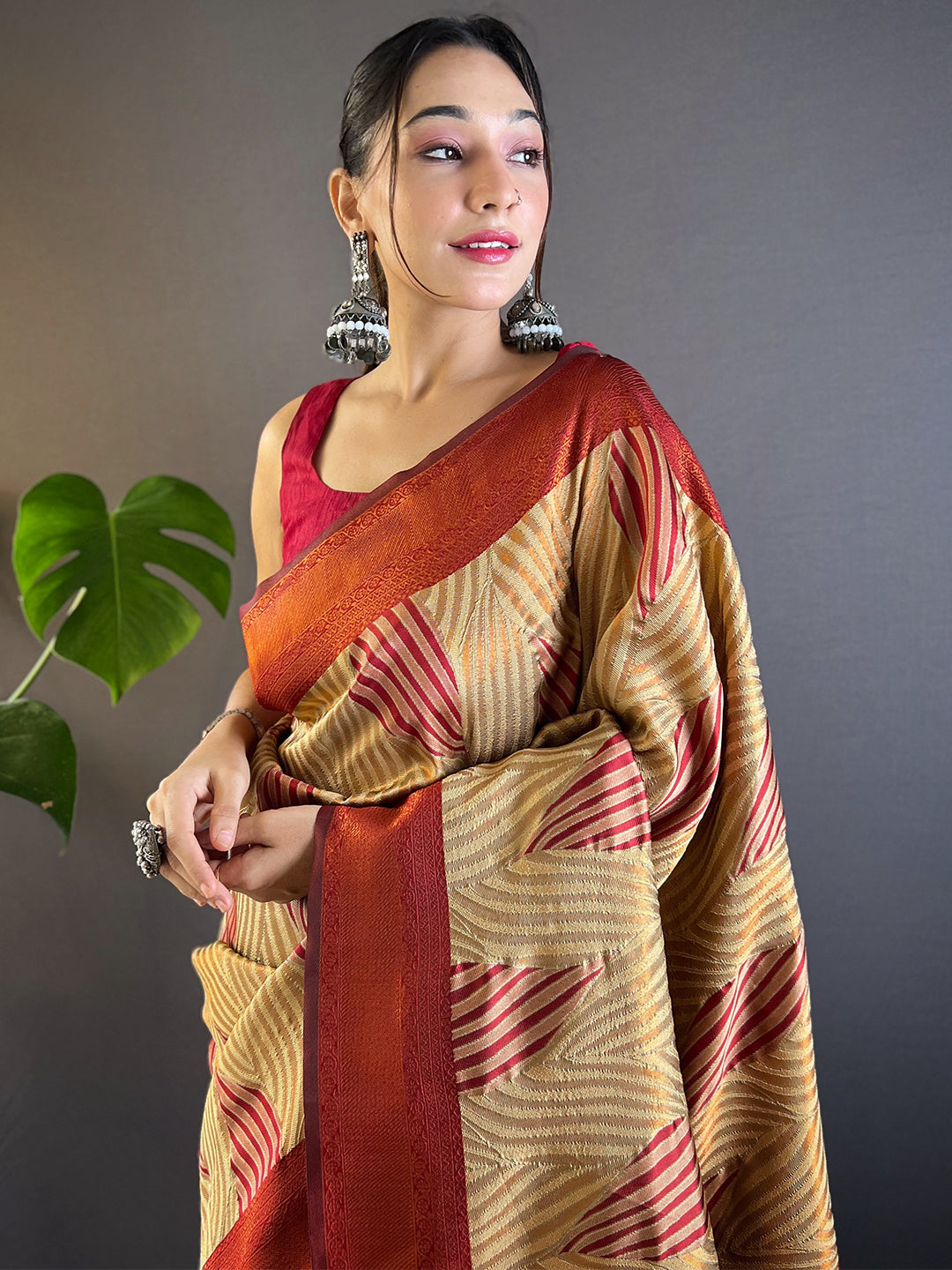 Beige Tussar Silk Abstract Ikkat Print Saree