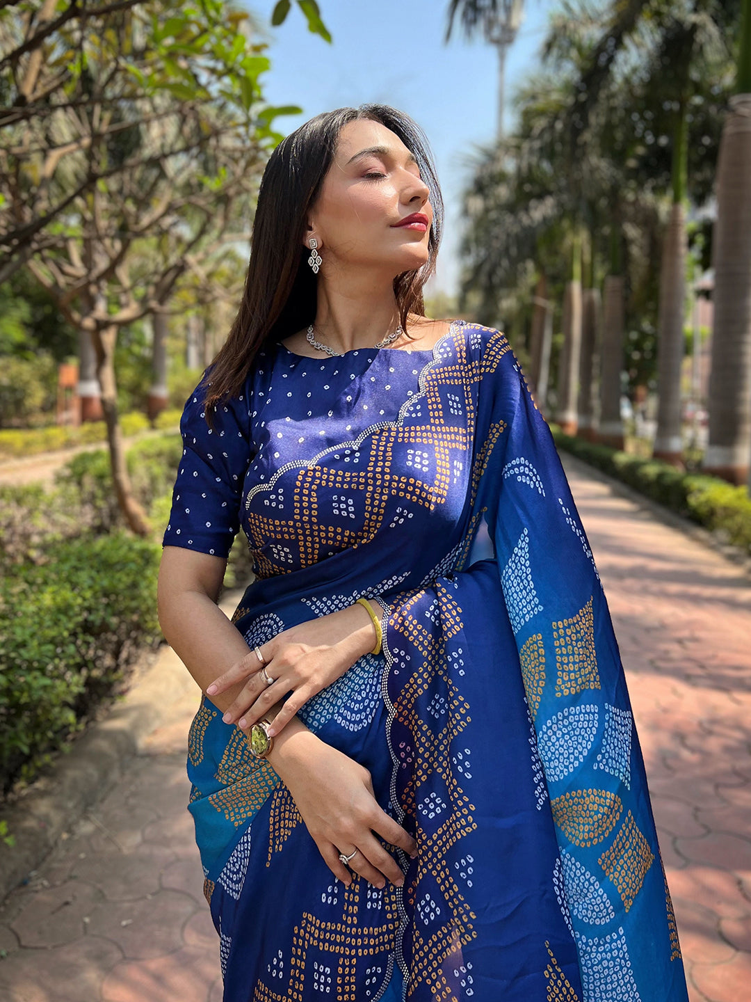 Blue Georgette Silk Saree with Ombre Bandhej & Swarovski Stones