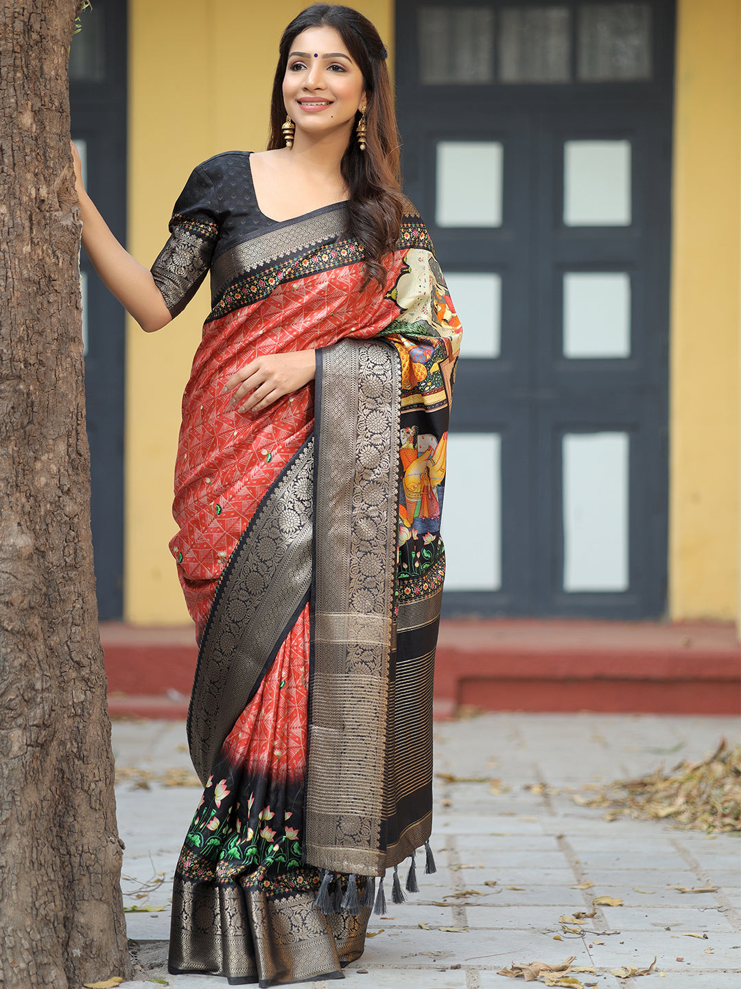 Luxe Red Viscose Dola Silk Saree with Pichwai Kalamkari Print