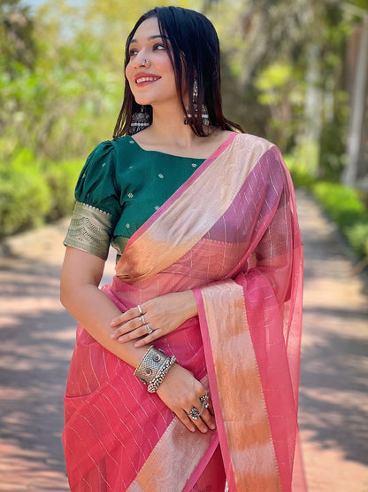 Pink Viscose Organza Saree with Gold Zari Weaving Border