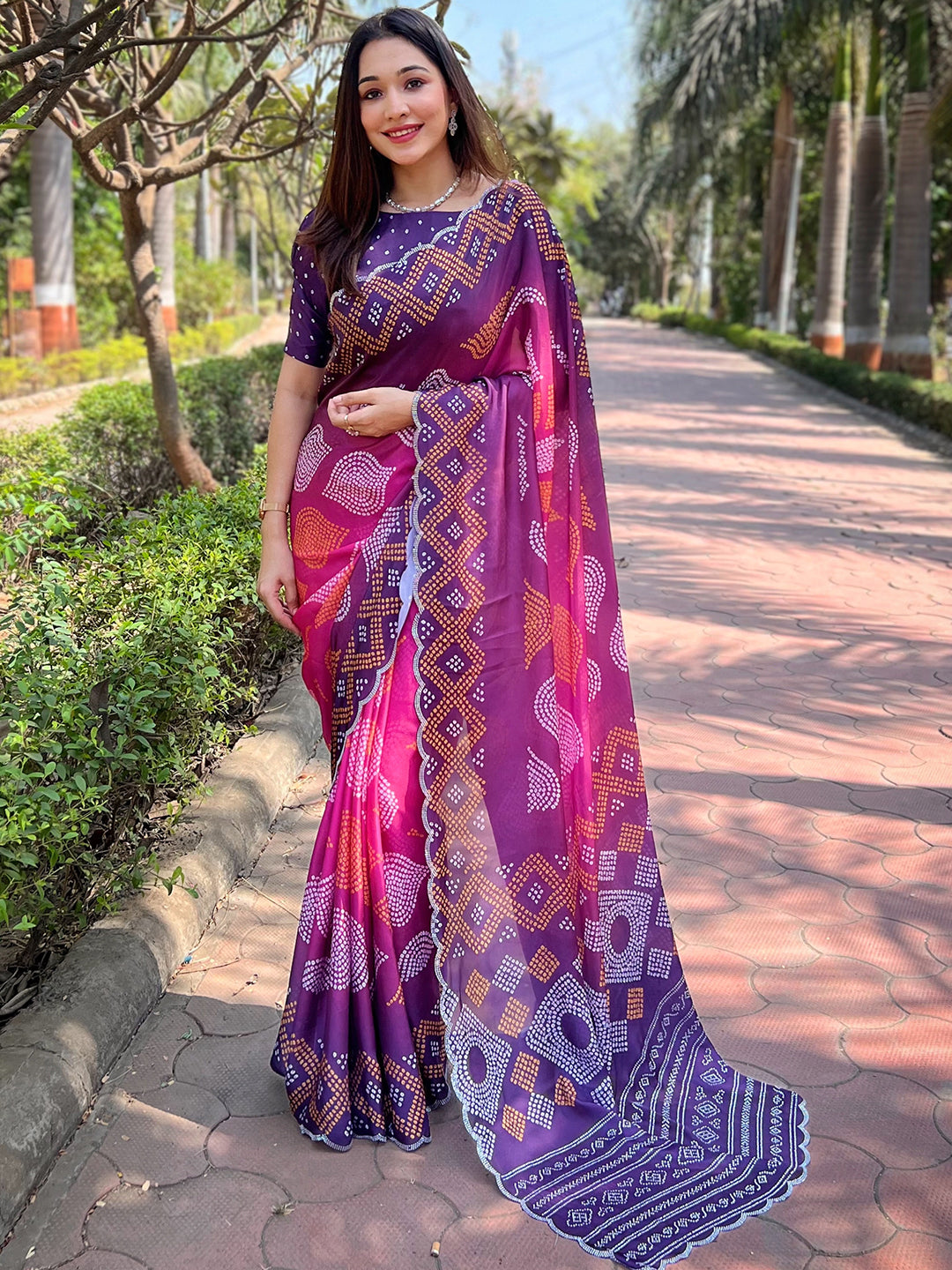 Magenta Georgette Silk Saree with Ombre Bandhej & Swarovski Stones