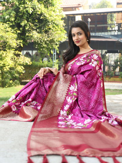 Elegant Magenta Pure Viscose Dola Silk Saree with Exquisite Floral Print