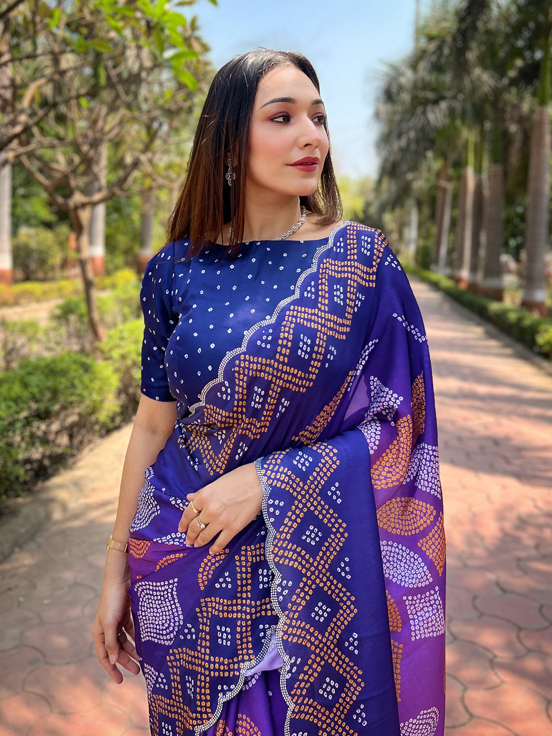 Indigo Georgette Silk Saree with Ombre Bandhej & Swarovski Stones