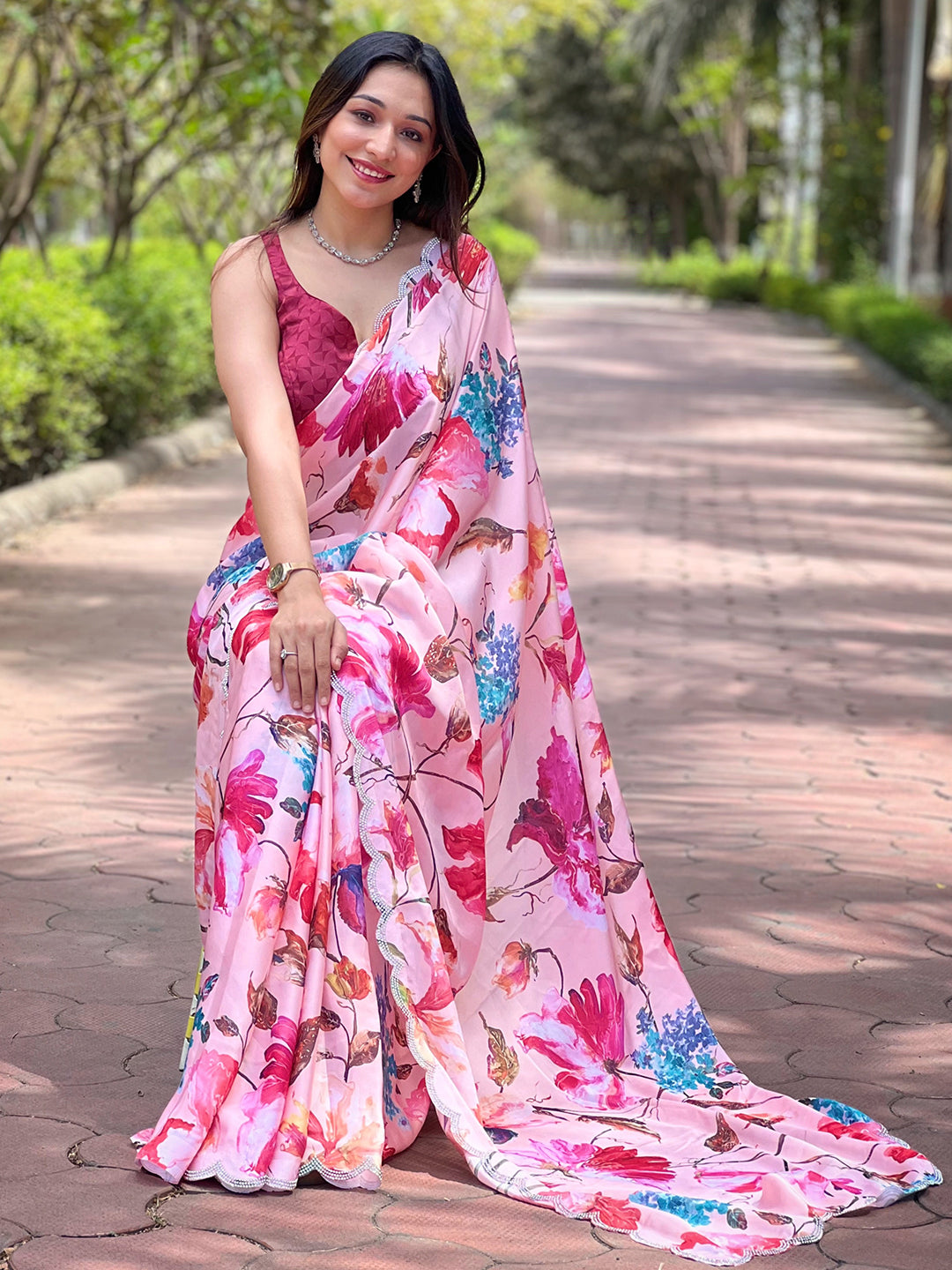 Elegant Peach Satin Georgette Saree with Floral Print